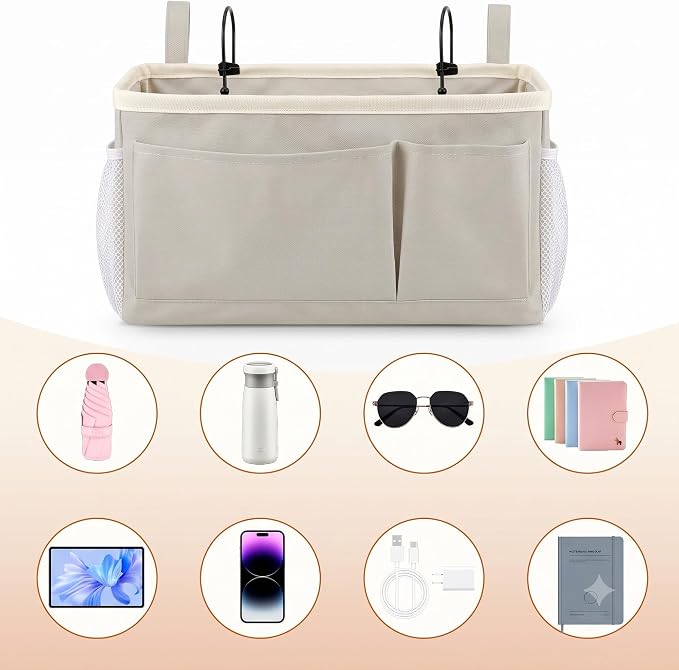 Bedside Caddy for Dorm Bed, Bedside Storage Bag Hanging Organizer | Metal Frame, Water-Resistant Lining, Fits Bed Rails up to 2.2 In, Adjustable Straps, Bunk and Hospital Beds(2 Pack, Light Gre