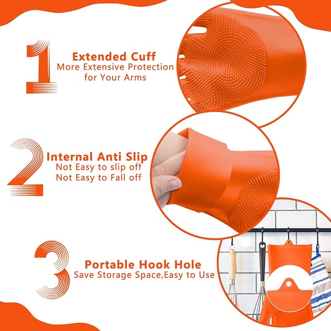 Pet Grooming Gloves—Dog Washing Gloves with High-Density Teeth, Dog Bath Scrubber with Enhanced Five Finger Design, Silicone Gloves for Dogs and Cats Bathing, Massage (Orange)