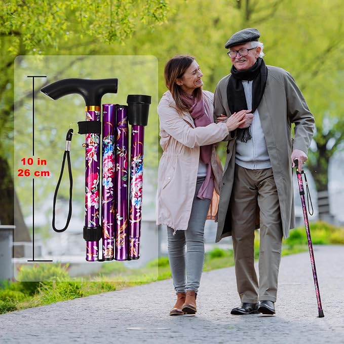 MFE Folding Cane, Portable 5-Level Adjustable Height Walking Stick with Foldable Design, Wrist Strap, and T Handle for Men and Women