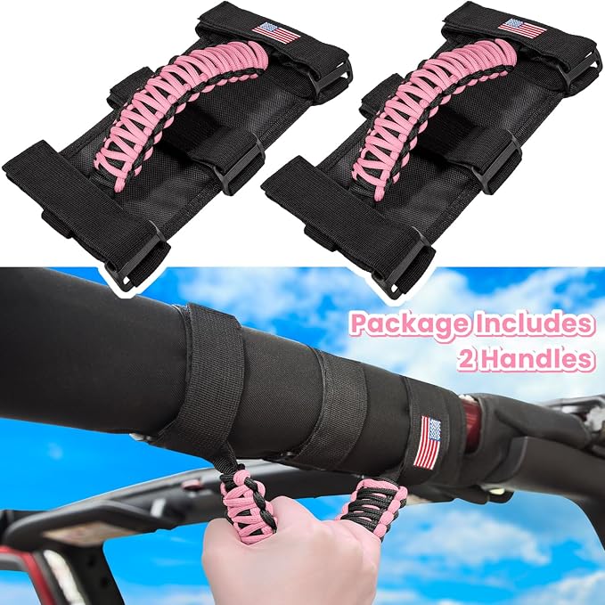 Roll Bar Grab Handles Grip Handle for Jeep Wrangler JK JKU JL JLU TJ YJ Sport Sahara Freedom Rubicon Unlimited Gladiator JT 1955-2023 UTV ATV Accessories Premium Paracord US Flag (Pink 2 Pack)