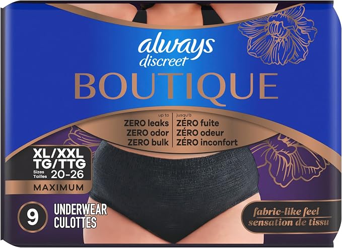 Always Discreet Boutique Incontinence and Postpartum Underwear for Women, Maximum Protection, Extra Large, Black, 9 Count