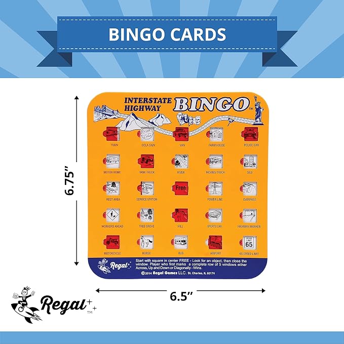 Regal Games Finger-Tip Shutter Bingo Cards with Sliding Windows - Interstate Bingo & Auto Bingo Game - Assorted Colors Travel Game Bingo Set Kids - Reusable, No Chips & Daubers Needed - 4 Packs
