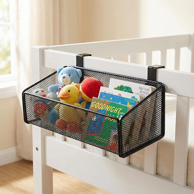 JDYOOMI Bedside Caddy Shelf Hanging Storage Basket for Bunk Bed and Office Cubical Walls,Baby Bed Rails,College Dorm Bed Organizer - 5 Pairs Sized Hooks-for Phone Glass Magazine Decor (White)