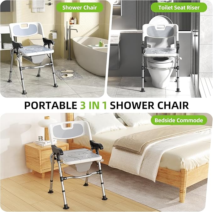 3-in-1 Shower Chair for Seniors, Foldable Bedside Commode, Height Adjustable Raised Toilet Seat with Removable Bucket, Padded Arms & Back Support for Elderly, Adults, 400 lbs Capacity (White)