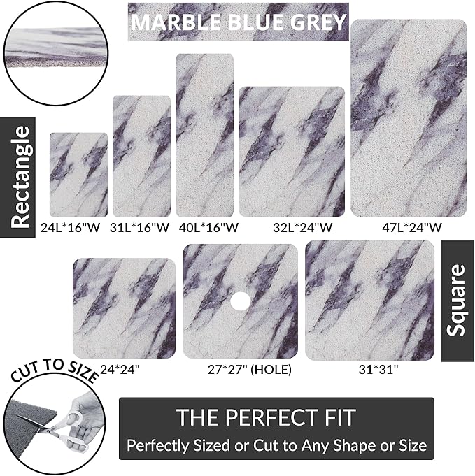 Enkosi Loofah Non-Slip Shower Mat - Shower Floors, Bathtub, Bathrooms, Wet Areas - Cushioned Bath Mat with Drain Holes - Quick Dry PVC, Secure Safety Pad Without Suction Cups (32x24 Marble Grey Blue)