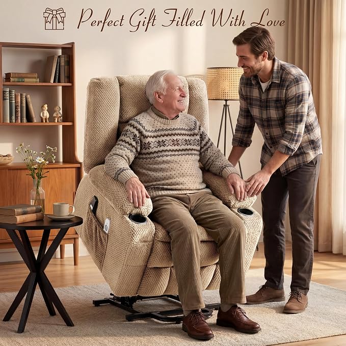 Power Lift Recliner Chair for Elderly, Electric Reclining Lift Chair with Massage and Heating, Comfy Overstuffed Recliner Single Sofa with Cup Holders, Pockets, USB Charge Port for Living Room, Camel