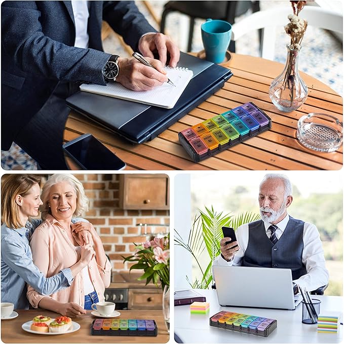 FGcase Large Pill Organizer 2 Times a Day 7 Day AM PM Pill Box Organizer with Lock, Easy Fill and Detachable Design, Travel Medicine Box for Vitamins and Pills, Black Rainbow