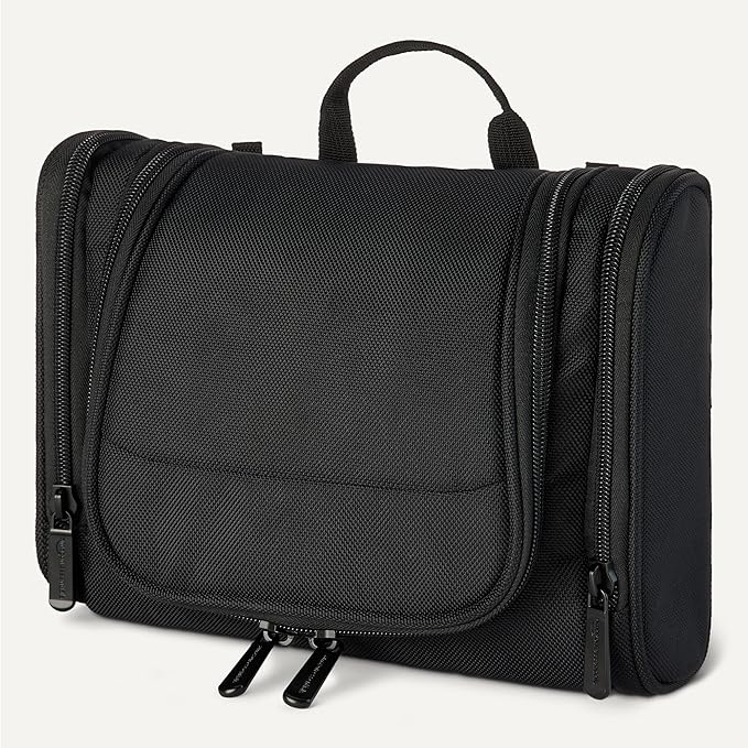 Amazon Essentials Spacious Toiletry Bag, Hanging Cosmetic Dopp Kit with Multiple Compartments, Durable Polyester, Large Capacity Storage, Compact Design, Black (Previously Amazon Basics)