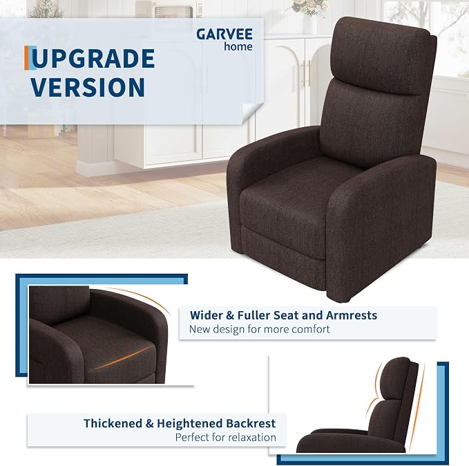 Garvee Recliner Chair for Adults, Lazy Reclining Chair Ergonomic Adjustable Single Sofa Enhanced with Side Pocket, Tall Back, Wide Arms & Padded Seat, Home Theater Seating for Living Room