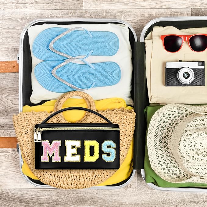 BuyCard Medicines Chenille Letter Bag Nylon Meds Makeup Pouch Preppy Path with Zipper and Handle Cosmetic Toiletry Storage Purse for Women Black