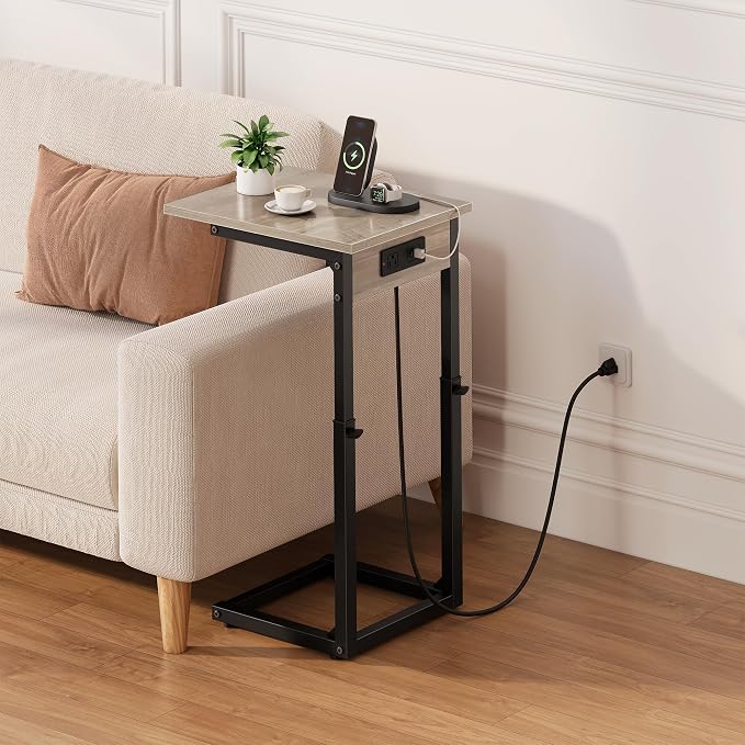 C Shaped End Table with Charging Station, Adjustable Height Side Table for Couch, C Table End Table Couch Table that Slide Under, Sofa Table TV Tray Arm Tables for Living Room, Bedroom, Gray