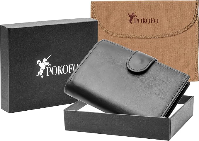 POKOFO Large RFID Genuine Leather Card Holder Trifold Wallet Snap Closure 3 ID Windows for men