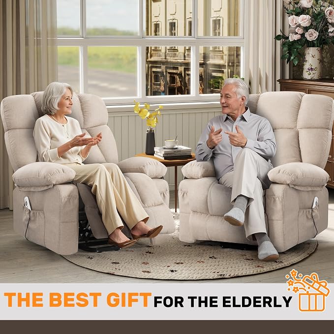 Power Lift Recliner Chair for Elderly, Big and Tall Lift Chair with Massage and Heat for Living Room, Fabric Electric Recliner Chairs with 4 Side Pockets, USB Charge Port,Beige