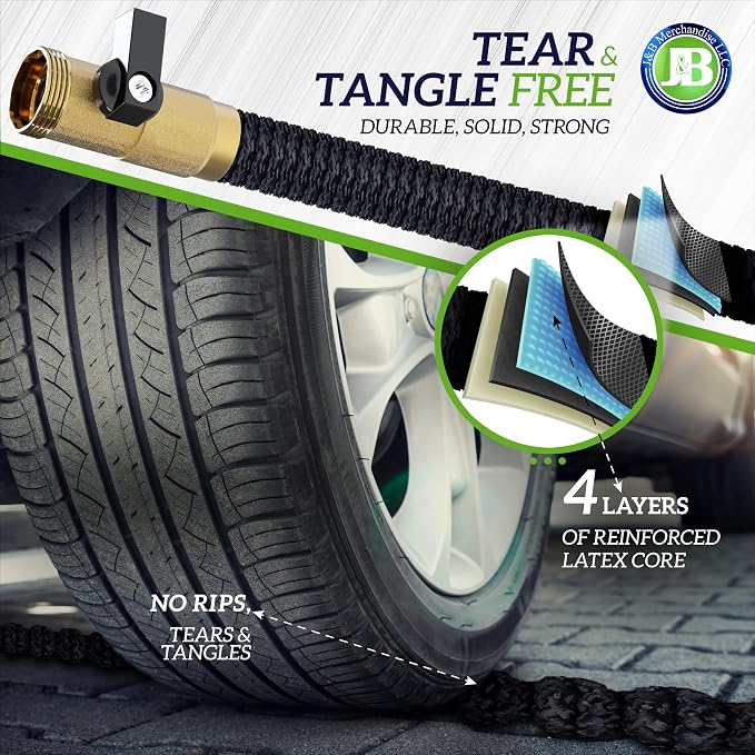 J&B XpandaHose 100ft Expandable Garden Hose, Lightweight, Brass Connectors | Ultra Strong 3750D fabric, 4-layer latex core, expands 3X, kink & leak-resistant, 10-pattern nozzle, storage bag