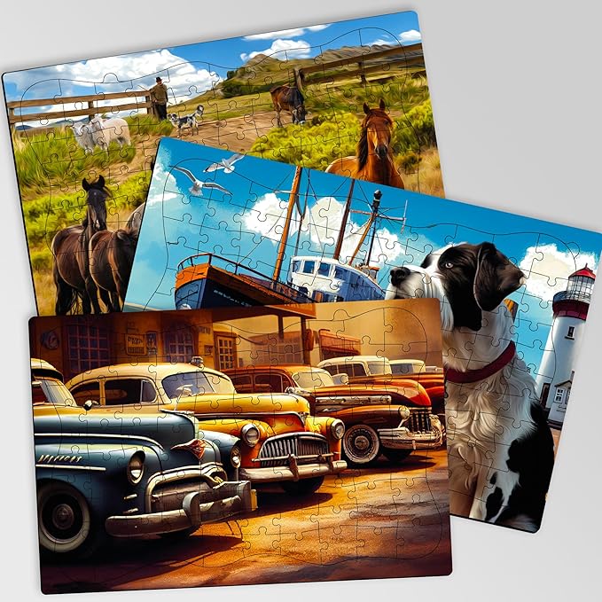 QUOKKA Alzheimers Jigsaw Puzzle Games for Adults with Horses, Dogs and Cars - 3 Set Dementia Puzzles for Elderly - 100 Piece Dementia Activities for Adults - Large Piece Gifts Products for Seniors