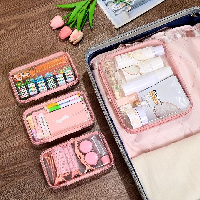 4 pcs Clear Zipper Pouches,Hard Shell Zipper Case, Toiletry Bag for Travel | CLear Diaper Bag, Toiletry Pouch, Travel Organizer, Cosmetic Bag,Toy Storage Bins (M+3S) (Light Pink)