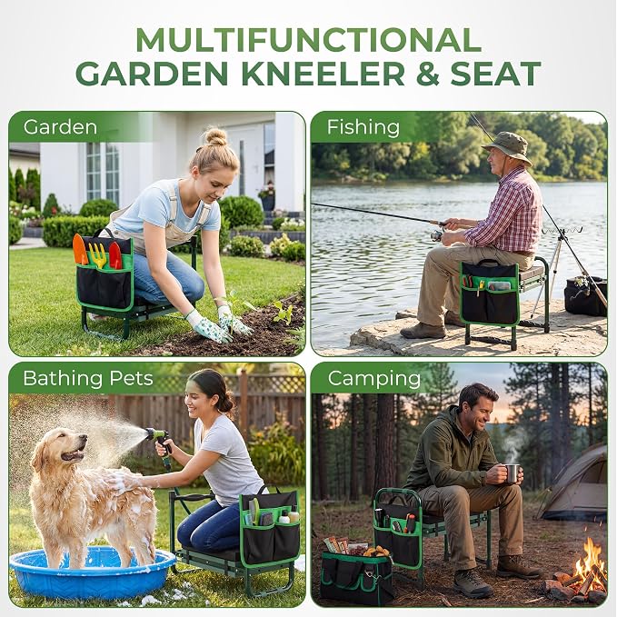 Walensee Garden Kneeler and Seat, with Wider Soft Kneeling Pad & Tool Pouch | Heavy Duty collapsible Garden Tools, portable folding kneeling Stool,Gardening Gifts for Women Men Seniors