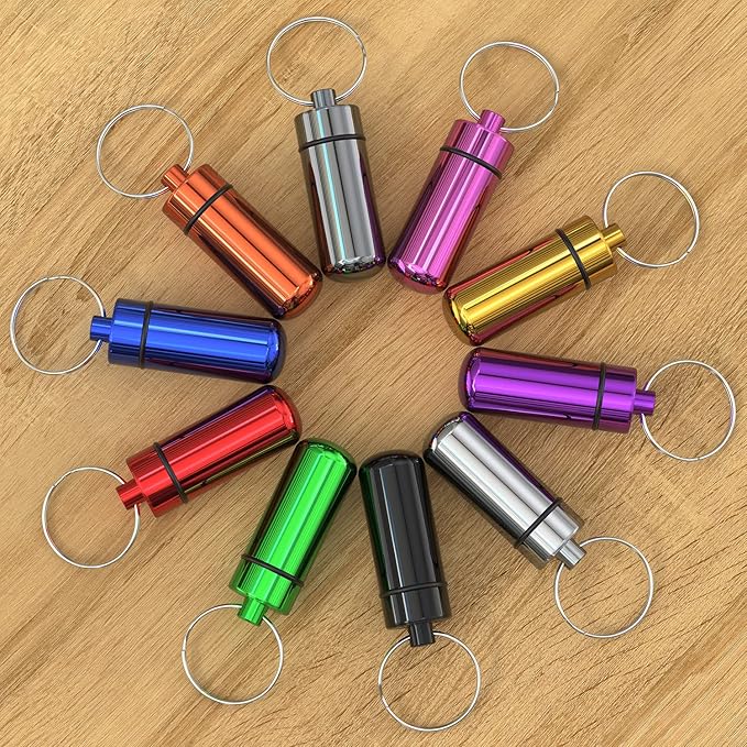Small Portable Pill Case with Keychain, (10 Pack + 10 Carabiner Clips) Waterproof Aluminum Pill Organizer Metal Mini Box Pocket Drug Storage Container for Outdoor Camping Travel
