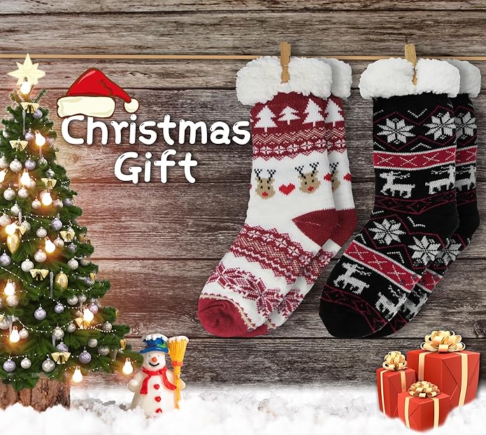 BenSorts Women Winter Thick Slipper Socks with Grippers Non Slip Warm Fuzzy Socks Christmas Gifts
