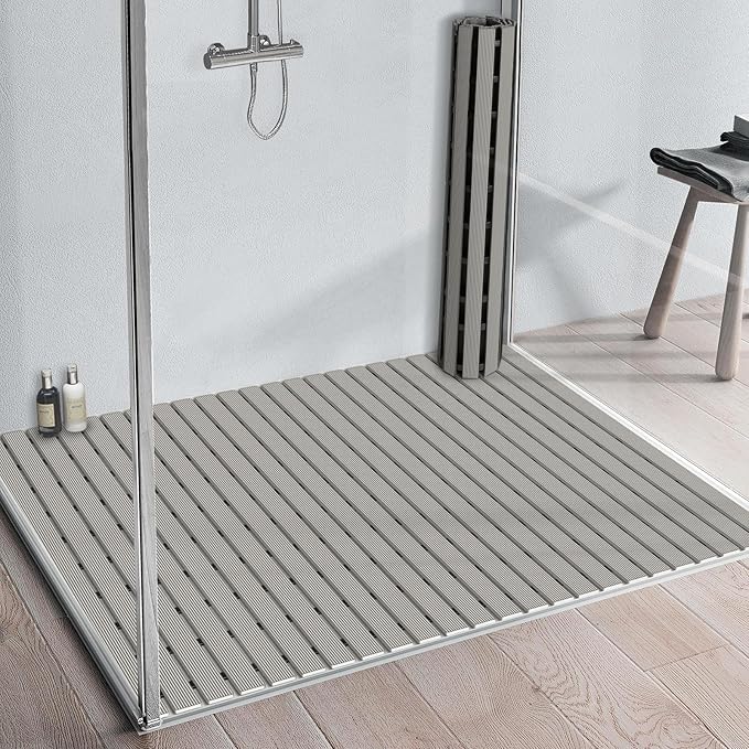 Yolife PVC Large Shower Mat, 35.4 ร 24 Inch Non Suction Cup Non Slip Shower Floor Mat, Easy to Cut & Curlable Stand Up Shower Stall Mat, Heavy Duty Bath Shower Mats for Inside Shower