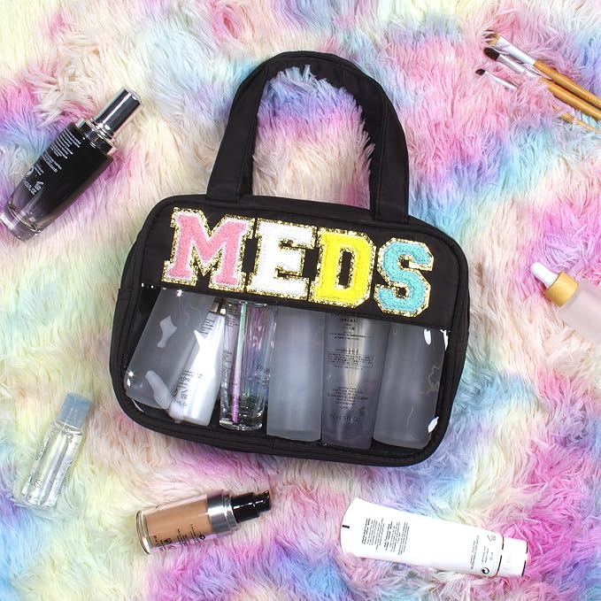 BuyCard Chenille Letter Clear Medicine Makeup Bag for Travel, Preppy Patch Nylon Cosmetic Meds Pouch with Handles and Zipper, Waterproof Large Travel Toiletry Bag Storage Case for Women Black