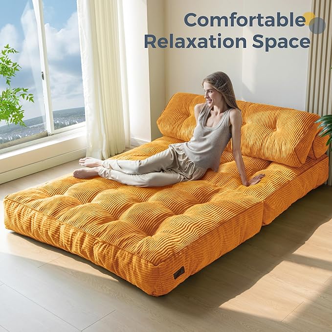 MAXYOYO Folding Sofa Bed, Convertible Sleeper Chair with Pillow Foldable Matress with Back Support, Portable Fold Out Chair Bed Comfy Floor Sofa Lounge for Living Room Bedroom, Orange Double