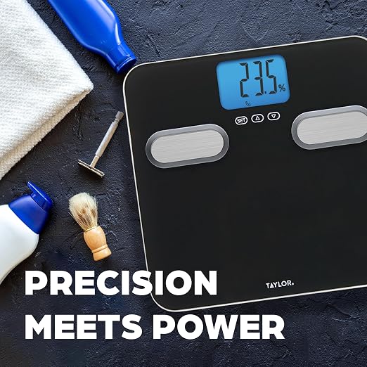 Taylor Smart Body Composition Scale with Precision Hub App, Digital Bathroom Scale for Body Weight, Body Fat, Water, Muscle Mass & BMI, 400 lb Capacity, Backlit Display, Glass Platform, Black
