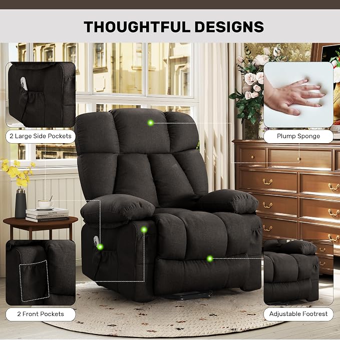 Power Lift Recliner Chair for Elderly, Big and Tall Lift Chair with Massage and Heat for Living Room, Fabric Electric Recliner Chairs with 4 Side Pockets, USB Charge Port,Black