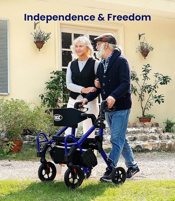 VOCIC Walkers for Seniors, Z55 2 in 1 Walker Wheelchair Combo, No-Bend Footrest, Rollator with 10" All Terrain Big Wheels, Transport Wheelchair Foldable, Rollator with Seat & Brakes, Storage Bag