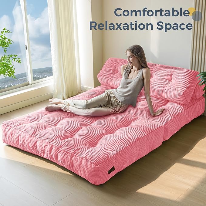 MAXYOYO Folding Sofa Bed, Convertible Sleeper Chair with Pillow Foldable Matress with Back Support, Portable Fold Out Chair Bed Comfy Floor Sofa Lounge for Living Room Bedroom, Pink Double