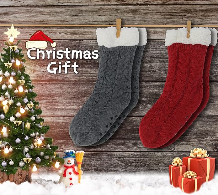 BenSorts Women Winter Thick Slipper Socks with Grippers Non Slip Warm Fuzzy Socks Christmas Gifts