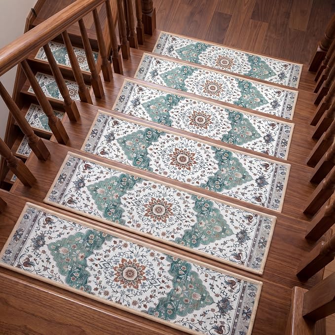 Dunzy 15 Pcs Non-slip Stair Treads for Wooden Steps 30x8 Inch, Peel and Stick Chenille Carpet Treads, Vintage Floral Medallion Print Stair Rug, Residue-free Adhesive, Machine Washable for Seniors Pets