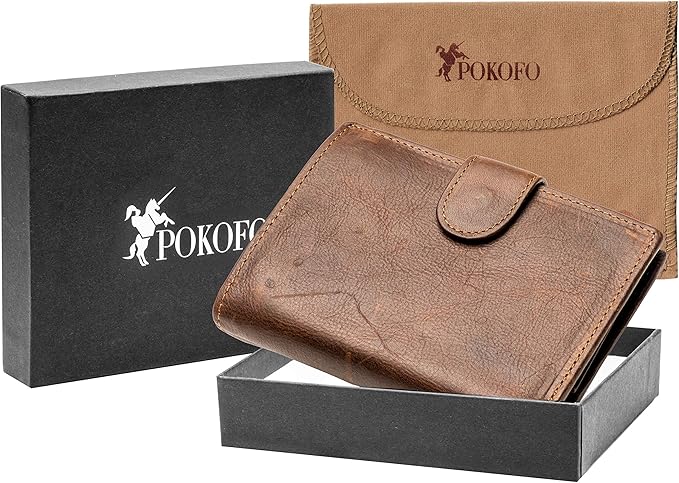 POKOFO Large RFID Genuine Leather Card Holder Trifold Wallet Snap Closure 3 ID Windows for men