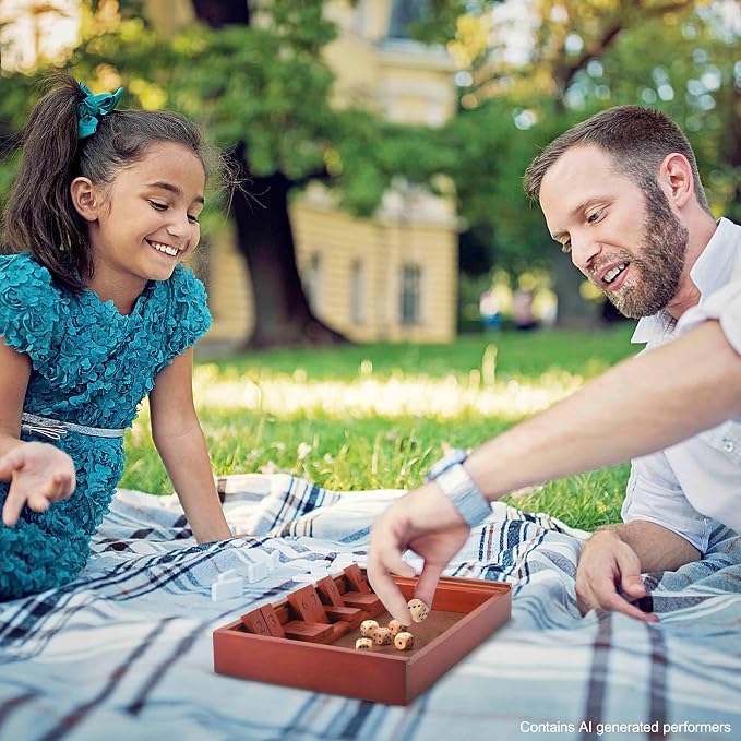 AMEROUS Shut The Box Dice Game,Wooden Board Table Math Game with Lid - 6 Dice - Gift Package - Rules, Classic Board Game for Kids Adults, Family