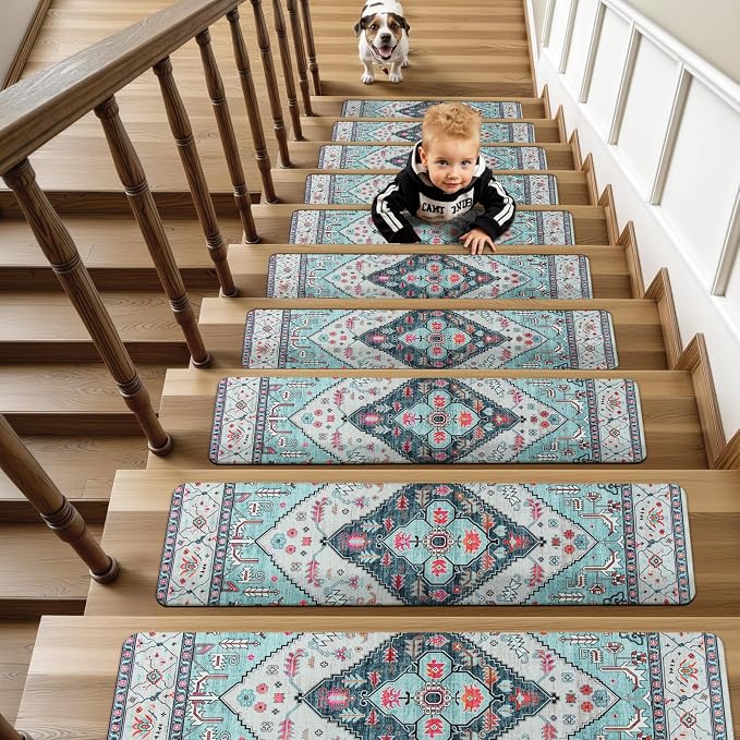 OJIA Non-Slip Stair Treads for Wooden Steps 15PC 30"X8" Indoor Stair Runner | Slip Resistant Stair Rugs Safety Mats for Dogs, Kids & Elders, Rubber Backed Stair Treads Stair Covers