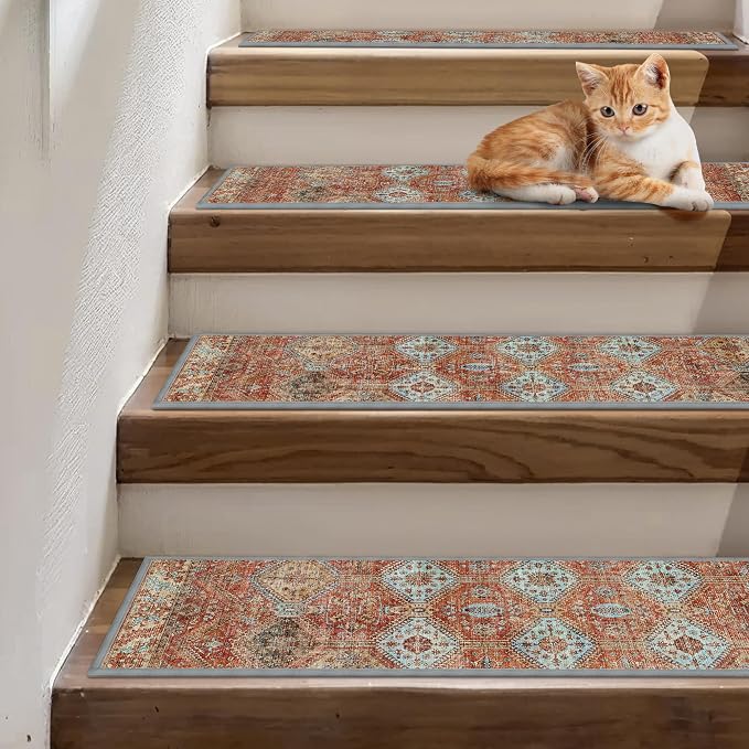 sarben 8"x30" Non Slip Stair Treads for Wooden Steps 15 Pack, Rust | Peel and Stick Carpet Stair Runner with TPE Adhesive Backing, Carpet for Added Safety, Pet and Senior Friendly