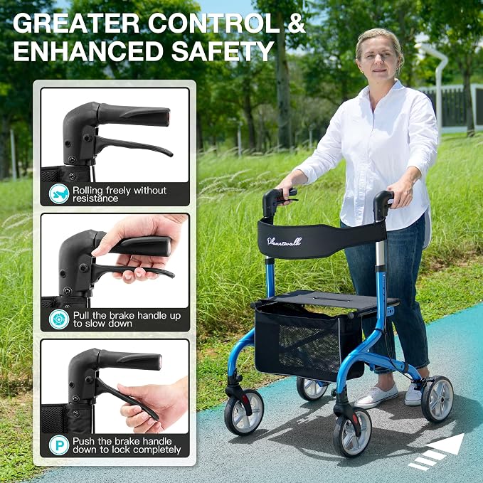 PLANET WALK Super Lightweight Rollator Walker for Seniors, Foldable Rolling Walker with Seat and 8" Rubber Wheels for All Terrain, Unique Design Aluminium Frame Sturdy Walkers for Traveling - Blue
