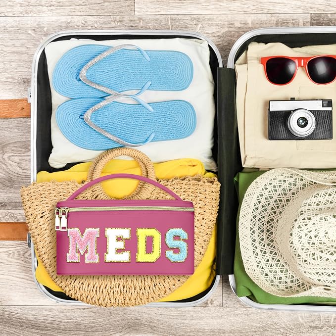 BuyCard Medicines Chenille Letter Bag Nylon Meds Makeup Pouch Preppy Path with Zipper and Handle Cosmetic Toiletry Storage Purse for Women Rose Red