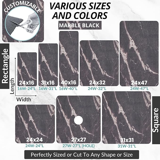 Enkosi Loofah Non-Slip Shower Mat - Shower Floors, Bathtub, Bathrooms, Wet Areas - Cushioned Bath Mat with Drain Holes - Quick Dry PVC, Secure Safety Pad Without Suction Cups (32x24 Marble Black)