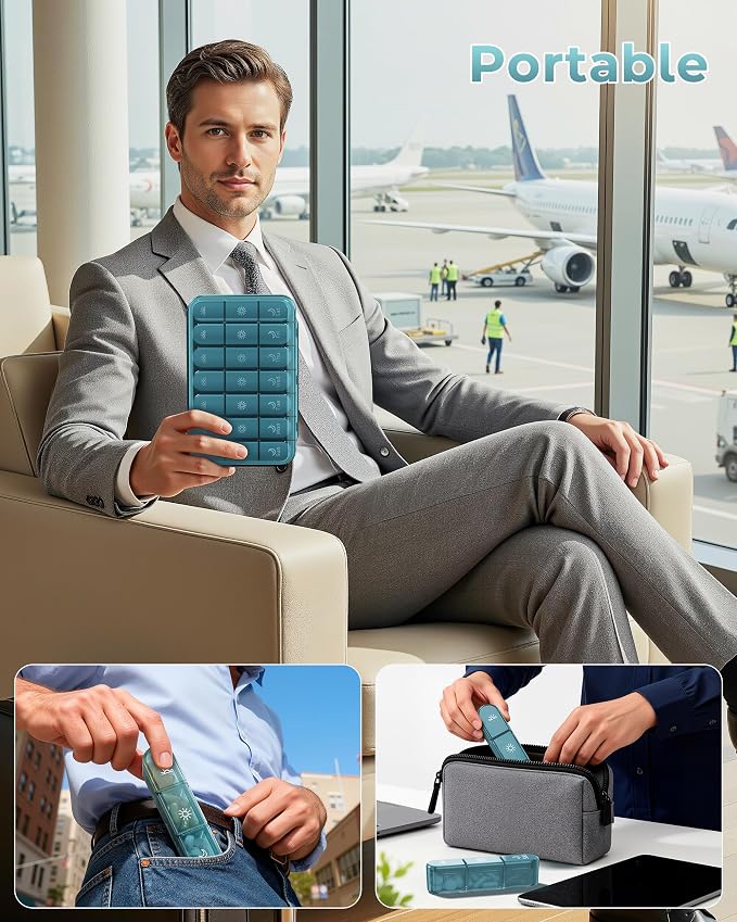 Windtrace Pill Organizer 3X a Day - Dusty Blue Portable Pill Case | Easy Carry, 3x Daily, Fade-Proof, Bold Labels, Arthritis-Friendly, One-Handed, Spill-Proof, Double-Layer, ABS Shell