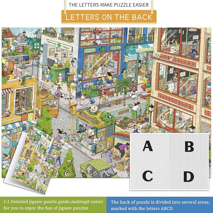 1000 Piece Jigsaw Puzzles for Adults,Busy City Street Puzzle with 1:1 HD Poster, Precise Interlocking, Letter Markings on Back, Dust-Free, Stress Relief & Ideal Family Game Gift