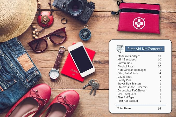 Swiss Safe 2-in-1 First Aid Kit for Car, Travel & Home, Businesses - Bonus Mini Kit for Medical Emergency Aid, Survival, Camping - 64 Piece, Travel FAK