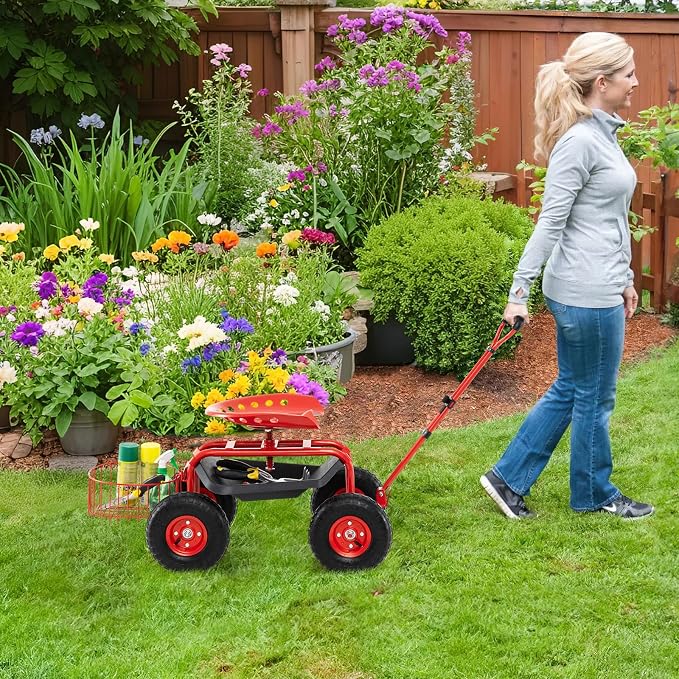 Garden Seat with Wheels, Rolling Stool with Extendable Handle, Storage Basket & Tool Tray, Garden Scooter with 360 Degree Swivel Seat for Outdoor & Yard (Red)
