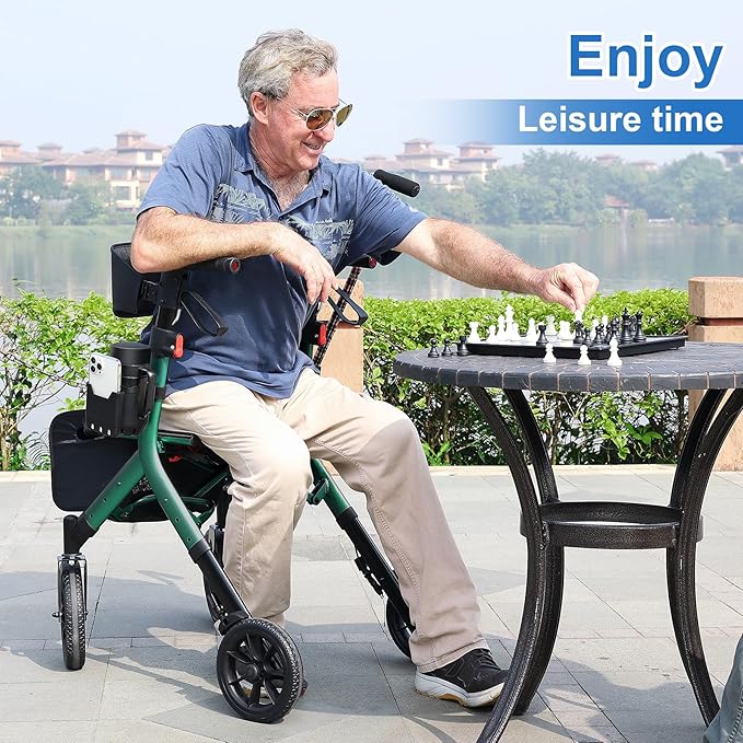 WALK MATE Rollator Walker for Seniors Taller 5.3~7ft with Height-Adjustable Seat, 10 Inch Wheels Wire-Hidden Walkers Compact Folding Design Lightweight Mobility Walking Aid Widen Backrest, Green