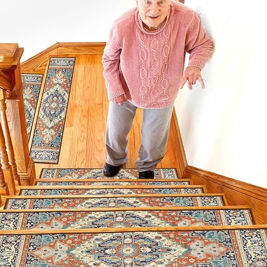 Stair Treads for Wooden Steps Indoor, 15 Pack 8" X 30" Non Slip Carpet Stair Treads with Reusable Adhesive for Kids Elders and Dogs, TPR Backing Stair Rugs Oriental Staircase Step Treads,Bohemia