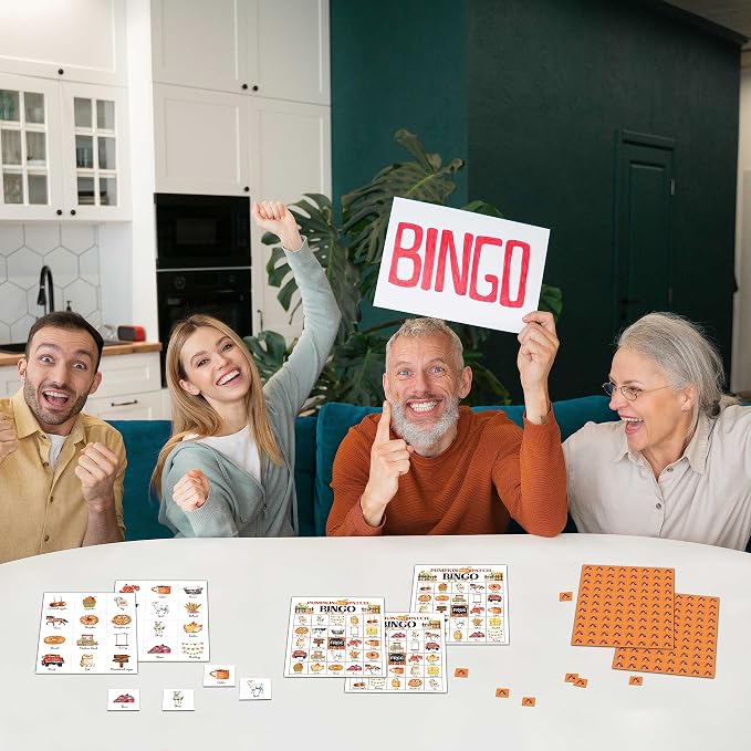 Pumpkin Bingo Game - Fall Harvest Bingo Card - 24 Players Bingo Game Set Indoor Outdoor Activities - Halloween, Thankgiving Party Favors Supplies -A10