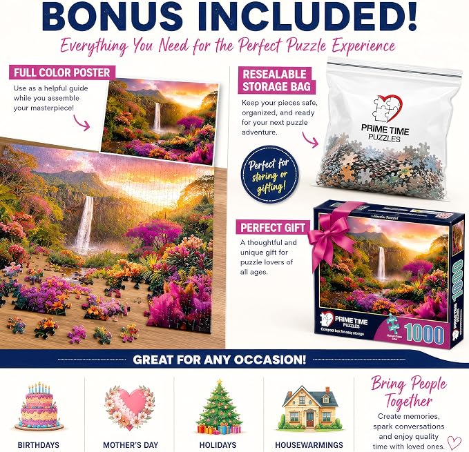 Adult Jigsaw Puzzle Hawaiian Waterfall 1000 Piece | Features a colorful tropical flowers and waterfall sunset scene. Great for game nights on a table, puzzleboard, or floor.