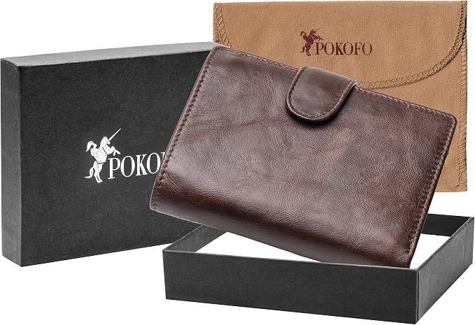 POKOFO Large RFID Genuine Leather Card Holder Trifold Wallet Snap Closure 3 ID Windows for men