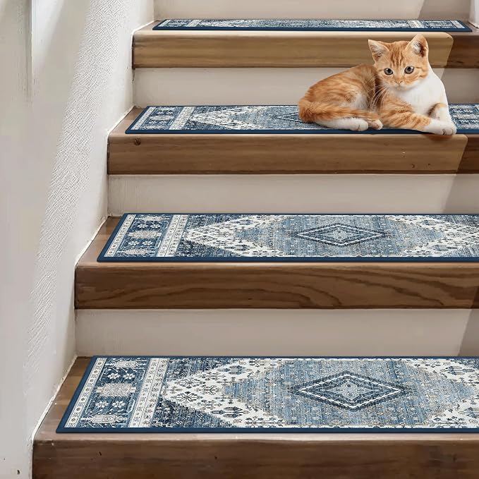 sarben 8"x30" Non Slip Stair Treads for Wooden Steps 15 Pack, Blue Ivory | Peel and Stick Carpet Stair Runner with TPE Adhesive Backing, Carpet for Added Safety, Pet and Senior Friendly
