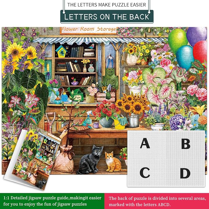 Flower Room Storage Puzzles for Adults 1000 Pieces | 1:1 HD Reference Poster,ABCD Letter Markings on Back,Matte Oil,High Bite Force